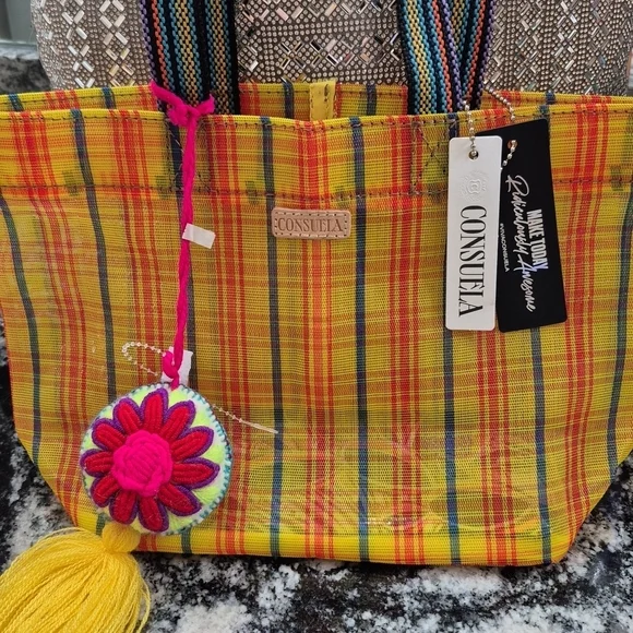 Consuela Yellow Plaid Tote with Pink Floral Tassel Charm - Picture 4 of 5